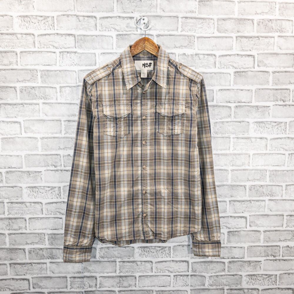 NSF Long Sleeve Button up Shirt in beige Gray Plaid Cotton Size Large